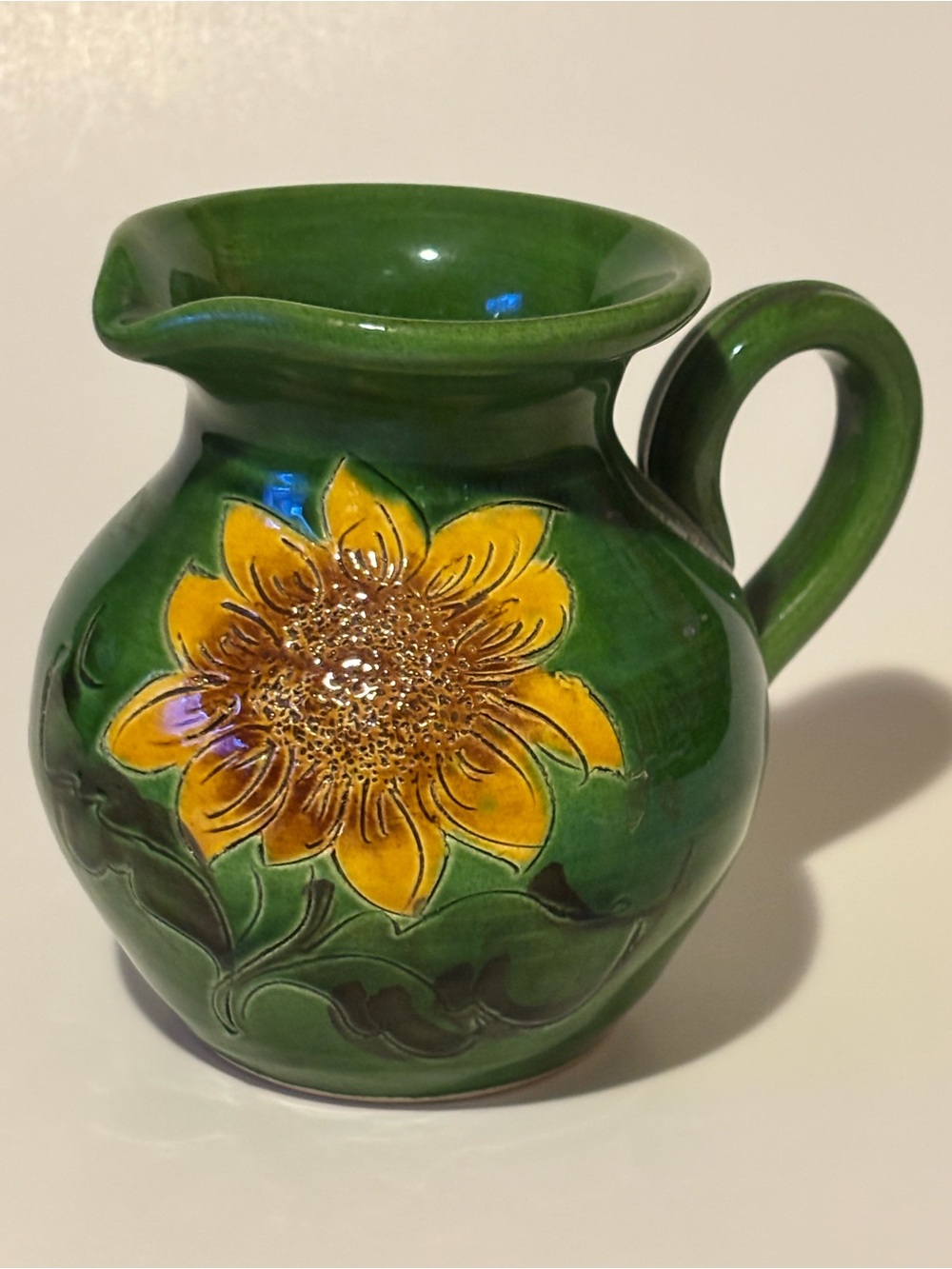 Green Ceramic Cottage Style Pitcher with Sunflower